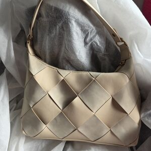 RACHEL ZOE WOVEN FAUX LEATHER AND FAUX SUEDE BEIGE SHOULDER BAG